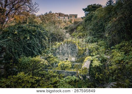 Ancient Stone Drinking Trough Below The Village Of Costa In The Balagne Region Of Corsica Overgrown 