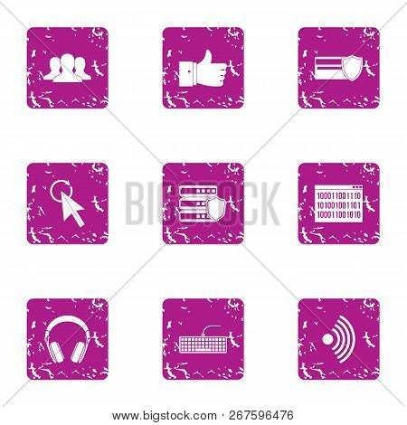 Computer Attack Icons Set. Grunge Set Of 9 Computer Attack Vector Icons For Web Isolated On White Ba