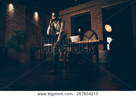 Low Angle Top View Full Legs Body Size Portrait Of Un-shaven Man In Elegant Chic Eyeglasses Spectacl