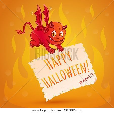 Invitation With Cute Little Devil With Old Paper For Halloween. Little Devil And Fire For Halloween.