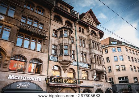 Basel, Switzerland - December 25, 2017 - Architecture Buildings On The Market Place Decorated With H