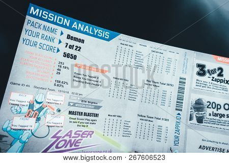 Brighton, England-12 October,2018: Mission Analysis Report Paper For War Simulation Laser Gun Tag Ga
