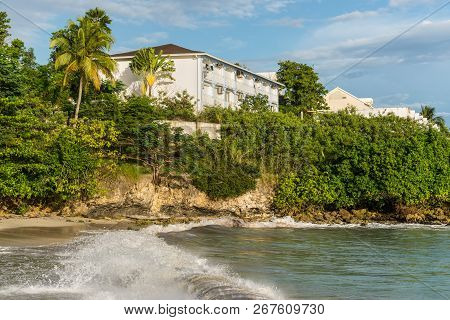 Le Gosier, Guadeloupe - December 21, 2016: Built, Coconut Palm Trees And And Picturesque Rocky Coast