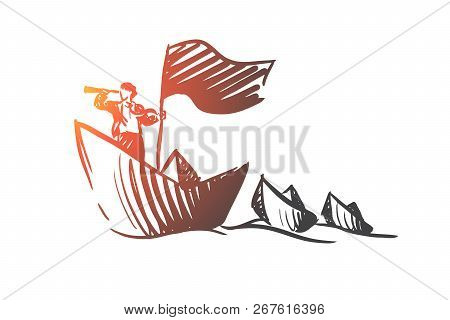 Strategy, Course, Boat, View, Businessman Concept. Hand Drawn Businessman Sailing On Boat Concept Sk