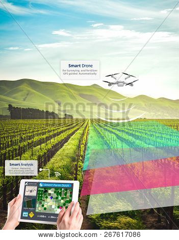 Smart Farming, Hi-tech Agriculture Revolution, Drone Ai Automatic, Conceptual