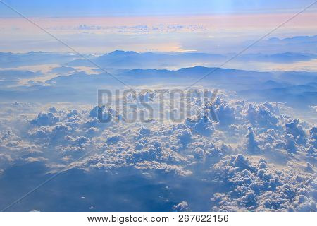 Blue Sky With White Clouds. Flight Over Clouds. Celestial Abyss