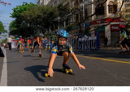 Kolkata, West Bengal, India - March 1st 2015 : Children Rollerskating On Park Street For 