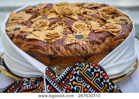 Loaf, Decorated With Flowers From The Dough, For Celebrations