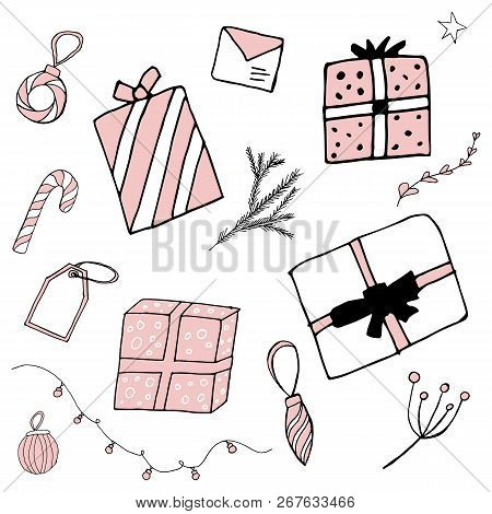 Set Of Christmas Typography And Design Elements. Hand Drawn Doodle Style. Pastel Pink Color. Gift Bo