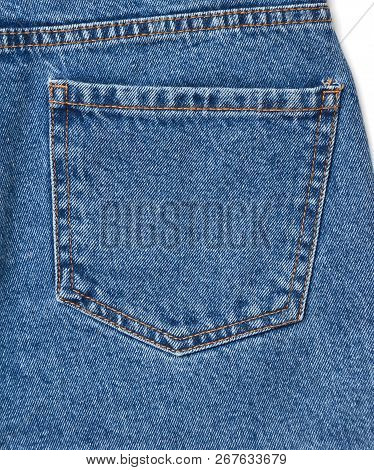Back Pocket Of Blue Textured Jeans Isolated On White Background.