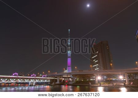 Tokyo, Japan - March 29, 2018: View Of The Tokyo Skyline From Across The Sumida River In Asakusa Inc