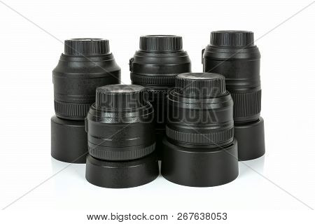 Group Of Professional And Modern Lenses For Dslr Camera Isolated On A White Background In Close-up