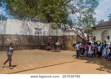 Kandy, Sri Lanka - July 19, 2016: White Clothed Buddhist Pilgrims Visit Wel Bodiya With Bodhi Tree D