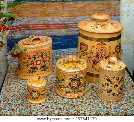 Keg For Cream And A Box Of Birch Bark With Hand-painted. Handcrafted Vintage Wooden Utensils. Russia