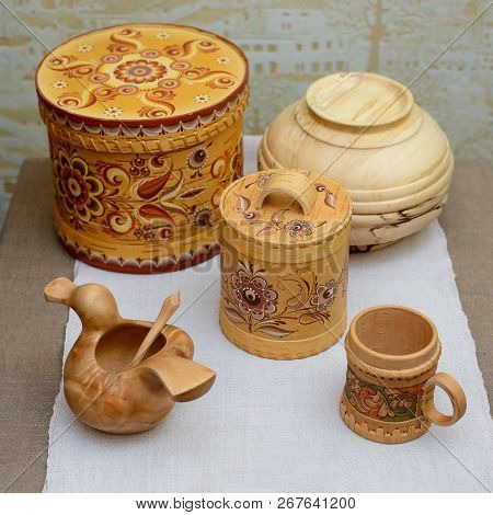Mug And Box Of Birch Bark With Hand-painted. Handcrafted Vintage Wooden Utensils. Russian Traditiona