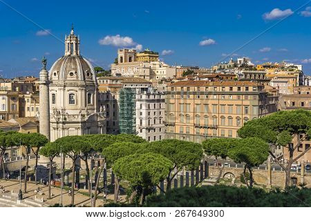 Aerial View At Traian Column And Church Santissimo Nome Di Maria Al Foro Traiano In Rome, Italy