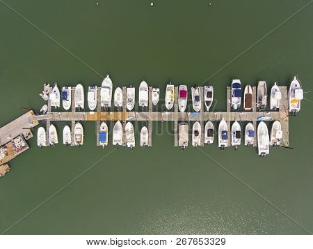 Yachts At Pier Aerial View In Hingham Harbor Near Boston, Massachusetts, Usa.