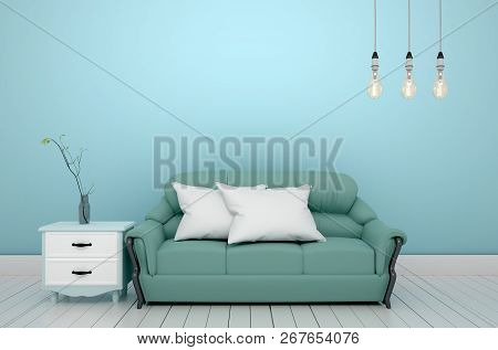Living Room - Sofa And Pillows, Lamp, Vase With Flowers On Green Mint Wall Background, 3d Rendering