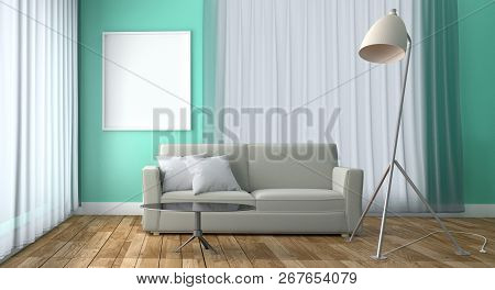 Mint Living Room Interior Design - Green Mint Style With Sofa Table Lamp And Frame, Wooden Floor On 