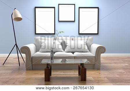 Modern Living Room Interior - Blue Style And Wooden Floor And Frames On Light Blue Wall Background -