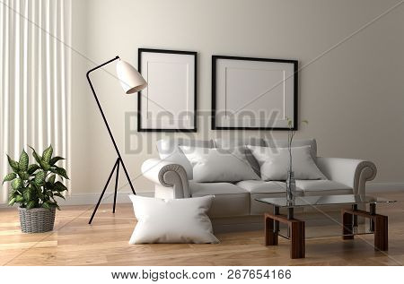 Living Room Interior - Room Scandinavian Style With Wooden Floor On Empty White Wall Background. 3d 