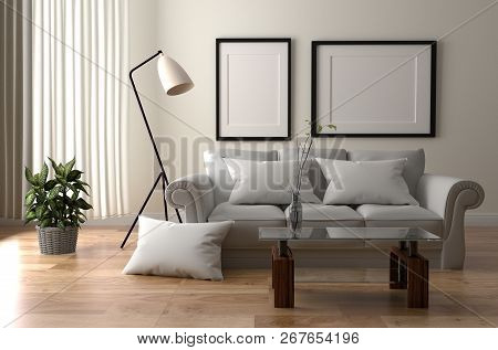 Living Room Interior - Room Scandinavian Style With Wooden Floor On Empty White Wall Background. 3d 