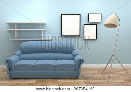 Modern Room Interior - Blue Style With Sofa Frame And Lamp. 3d Rendering