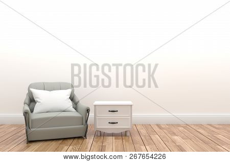 Pillow And Sofa On The Empty White Wall With Shelf,3d Rendering