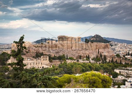 athens seen from Philopapou hill with views to Herodium , Acropolis and the Parthenon, Attica, Greece