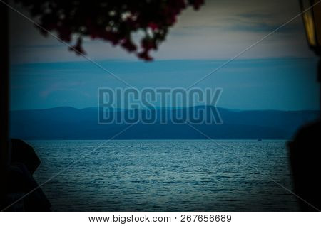 Beautiful View Of Brac Island Through Trees And Leaves In The Evening, Makarska Riviera, Dalmatia, C