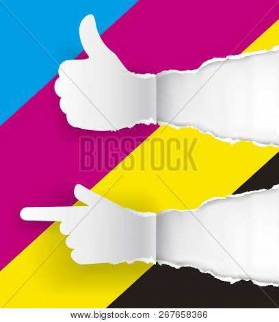 Gesturing Paper Hands, Ripped Paper With Print Colors. Two Gesturing Paper Hands With Thumbs Up Hand