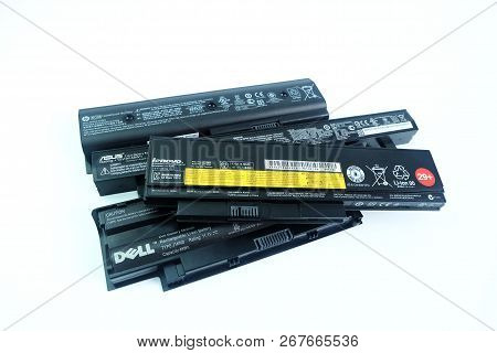 Bangkok, Thailand - August 1, 2018 Pile Of Used Laptop Computer Battery Or Notebook Battery Many Bra