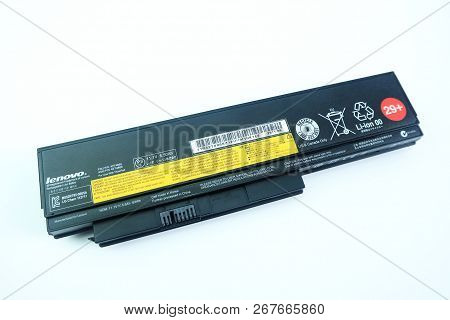 Bangkok, Thailand - August 1, 2018 Lenovo Battery For Laptop Or Notebook Computer Isolated On White 