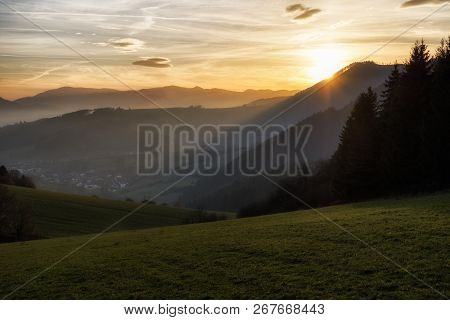 Beautiful Colorful Snset Over Mountains. Village Kalameny At Background, Slovakia