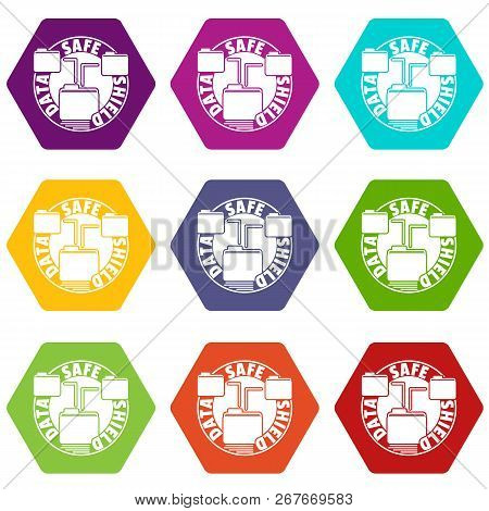 Data Save Shield Icons 9 Set Coloful Isolated On White For Web