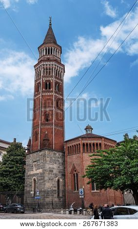 Milan, Italy - 09 May 2018: San Gottardo Bell Tower In Milan, Italy. Architect Francesco Pecorari Fr