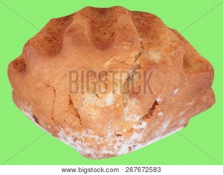 Cake Bun With Sugar Dust Isolated On Green