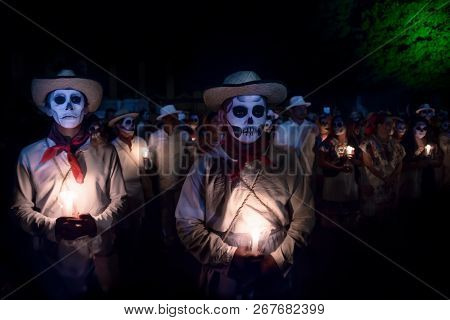 Merida, Cementerio General, Mexico - 31 October 2018: Two White Customed Boys With White Hats And Re