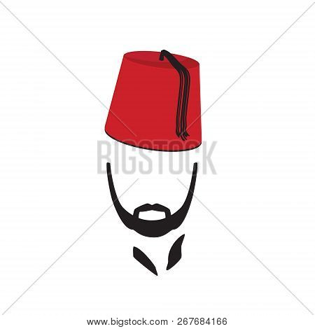Turkish Man Wearing Fez Logo In Isolated White Background. Vector Illustration