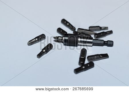 Many Tool Bits With Bitholder On White Background.
