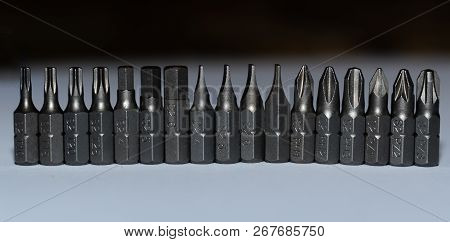Many Tool Bits With Bitholder On White Background.