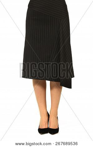 Denim Blue Long Skirt With Belt Cut Close Up Photo On Model In Hith Heels Isolated On White Back Vie