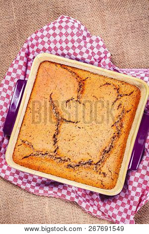 Homemade Semolina Cake On Sackcloth Background. Top View. Close Up