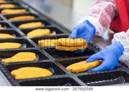The Worker In The Factory Places The Chicken Schnitzel
