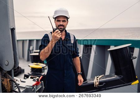 Marine Deck Officer Or Chief Mate On Deck Of Vessel Or Ship