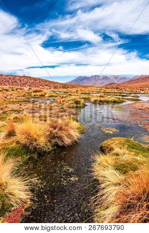 Breathtaking mountanious lagoon landscape of Bolivia