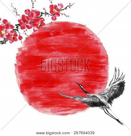 Japanese Crane Bird  Flying Towards The Red Sun.  Watercolor And Ink Illustration In Style Sumi-e, U