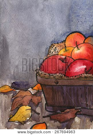 Autumn Still Life Apples Basket Leaves Watercolor Card