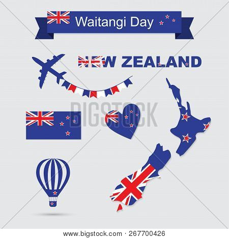 New Zealand Icons Vector Illustration Set Isolated. Waitangi Day