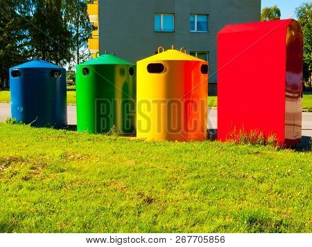 Colorful Recycling Dumpsters In A Residential Area In Tallin, Estonia, Europe